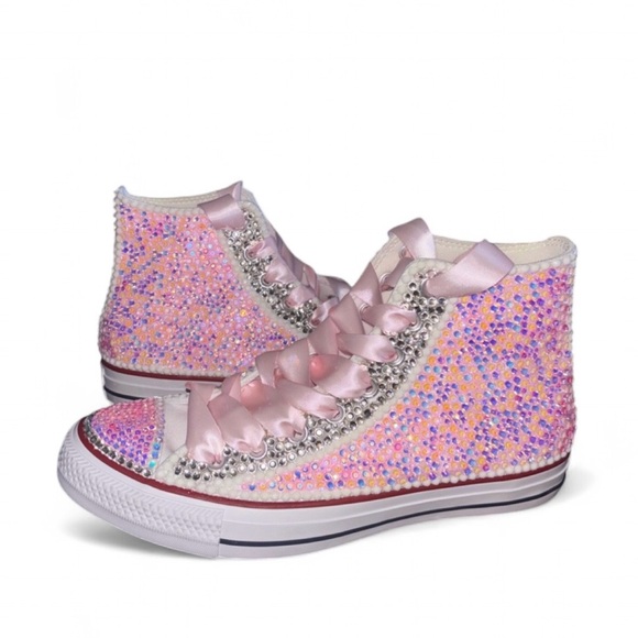 Luminous Pink & Crystal High Top Converse Sizes 5-14 New In Box With Ribbons - Picture 2 of 14